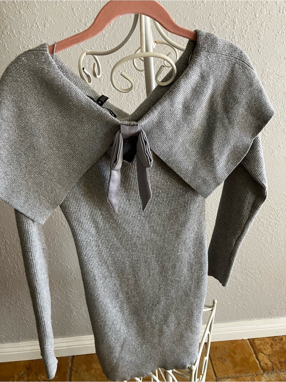 White House Black Market Silver Off-the-Shoulder Knit Sweater with Bow accent